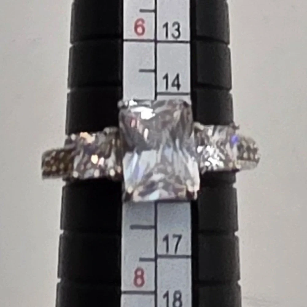 Emerald Cut Three Stone Engagement Ring Silver Tone Size 7.25